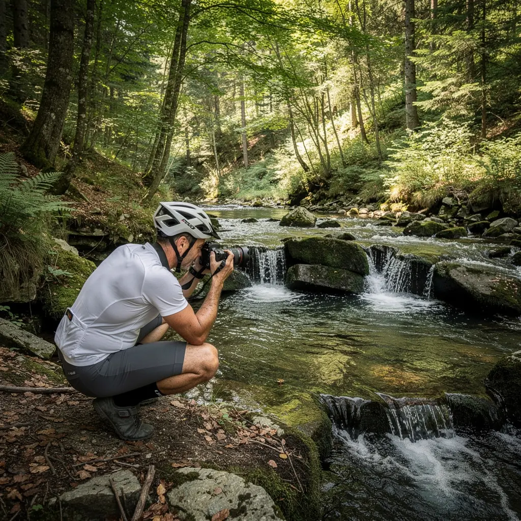 A cyclist navigating a scenic mountain path surrounded by lush greenery in Slovakia.