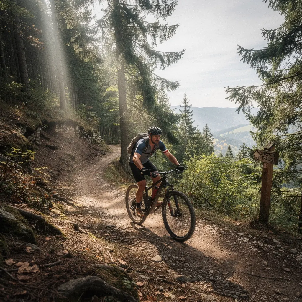 A close-up of a bicycle resting against a rustic wooden fence with rolling hills in the background.